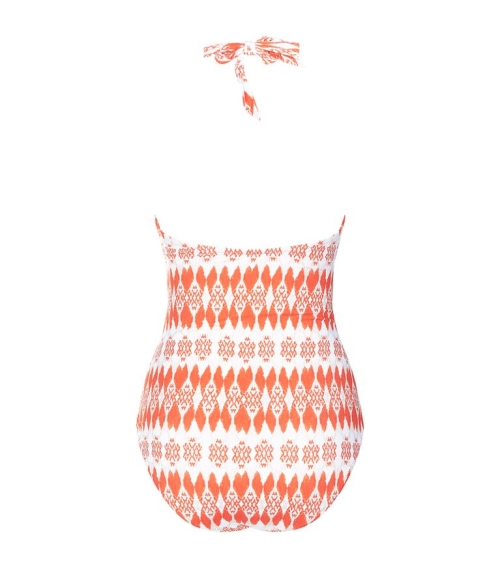 Full swimsuit with U-shaped neckline in white and orange